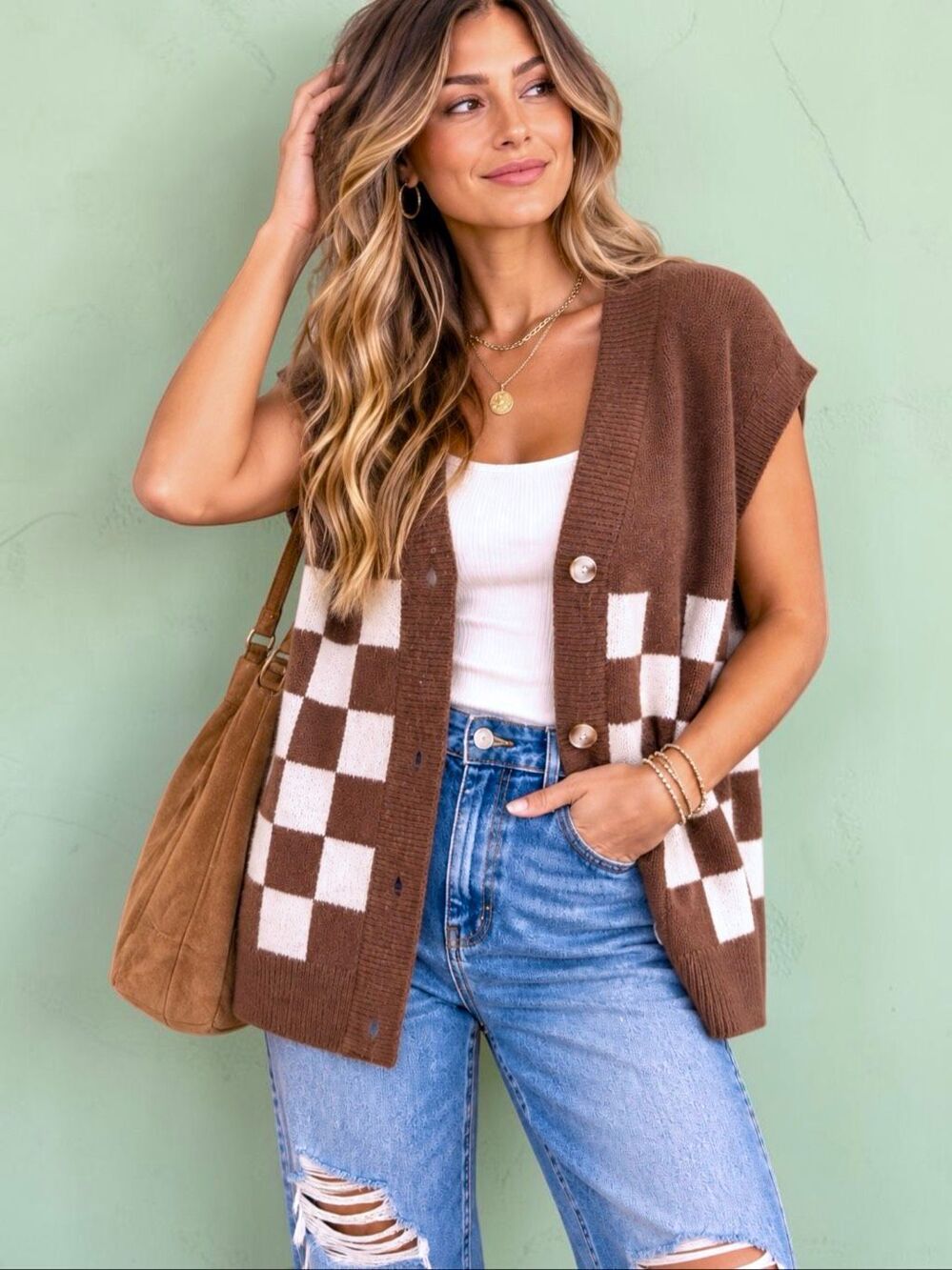 Annie Wear Brown Checkerboard Sweater Vest Button Front Knit Cardigan NEW - Picture 3 of 15